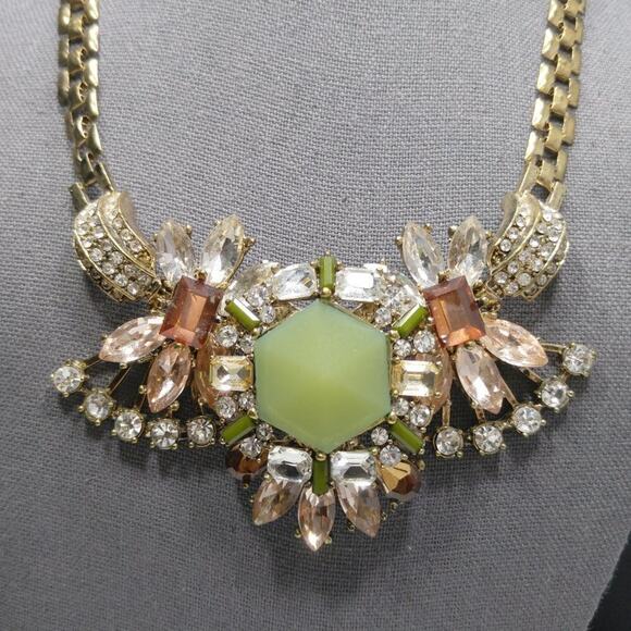 Spring Green Pink Peach Rhinestone Statement Necklace, Gold Tone Chain, 20 Inch - Picture 2 of 7